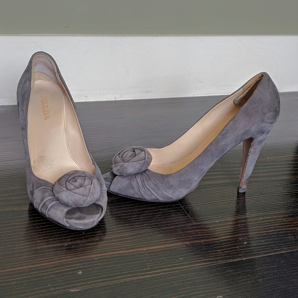Grey suede Prada peep-toe pumps